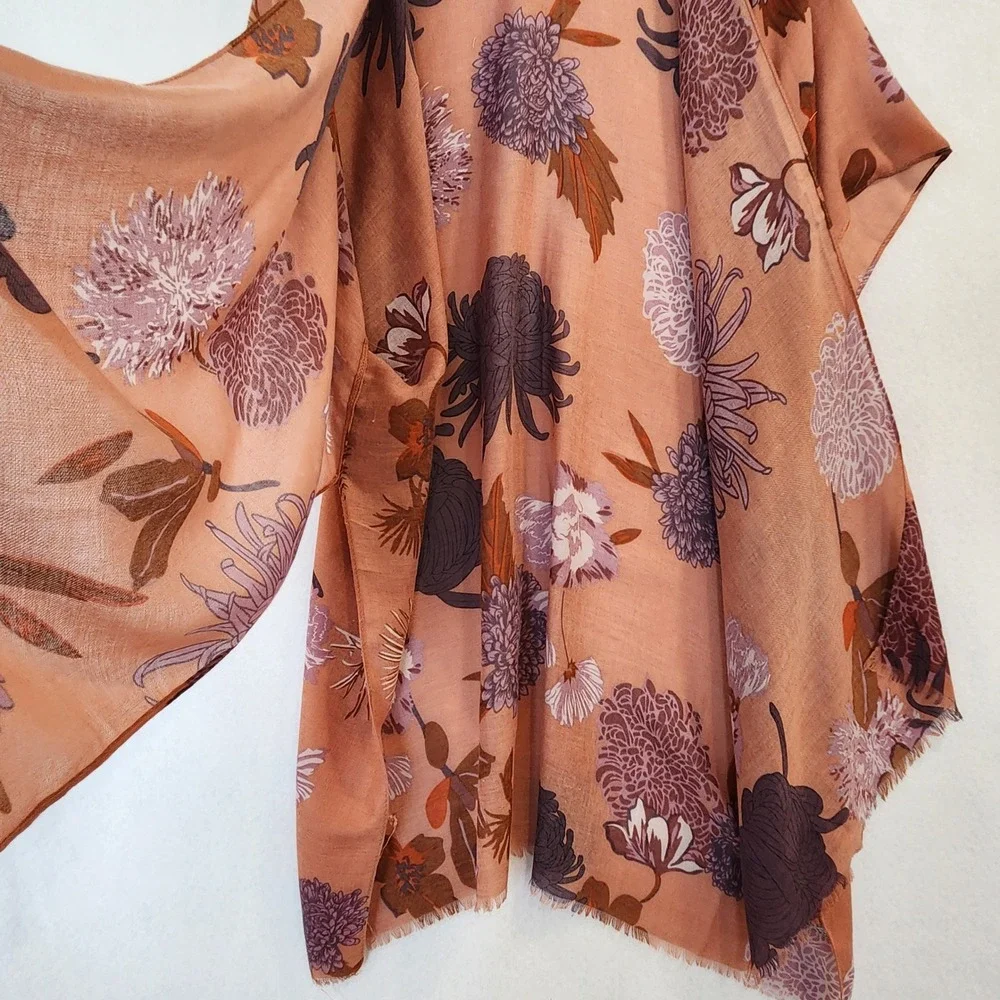 Floral‎ Kimono Wrap Terracotta Orange Purple Botanical Print Chiffon Shrug OS